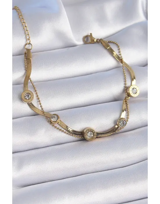 316L Çelik Gold Renk 2li İtalyan Zincir Zirkon Taşlı İşleme Detaylı Kadın Bileklik