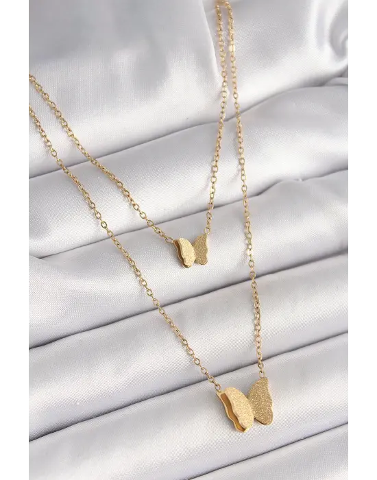 316L Çelik Gold Renk 2Li Simli Kelebek Model Kadın Kolye