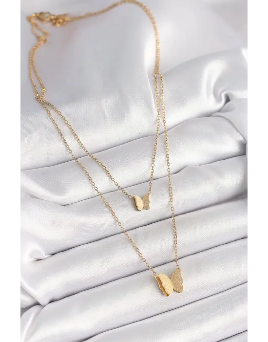 316L Çelik Gold Renk 2Li Simli Kelebek Model Kadın Kolye