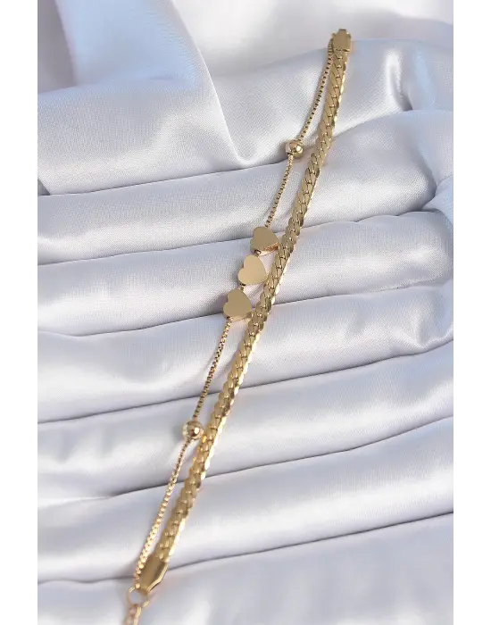 316L Çelik Gold Renk 2li Yassı Zincirli Kalp Figür Kadın Bileklik