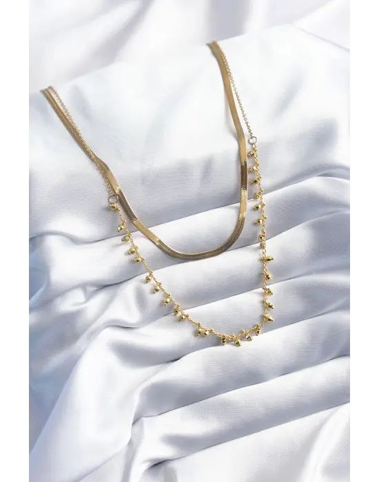  Altın  2li Zincir İtalyan Model  Çelik Kolye