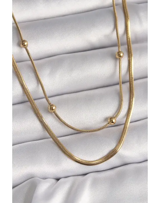  Altın  2Li Zincir İtalyan&Tüp Zincir Topçuk Detay  Çelik Kolye