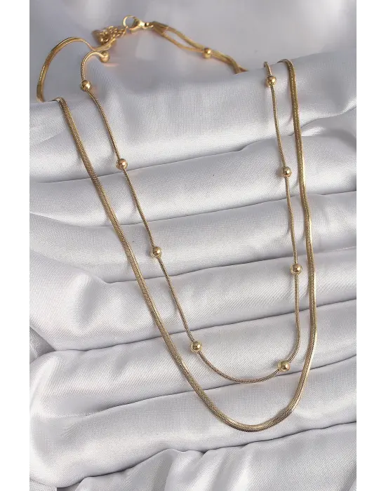  Altın  2Li Zincir İtalyan&Tüp Zincir Topçuk Detay  Çelik Kolye