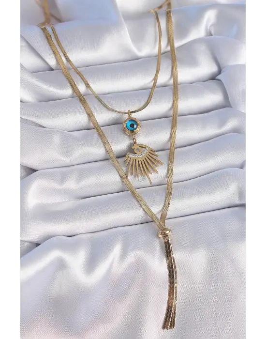  Altın  2li Zincir İtalyan Zincir Göz Model Zirkon Taşlı  Çelik Kolye