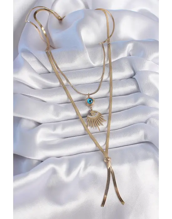  Altın  2li Zincir İtalyan Zincir Göz Model Zirkon Taşlı  Çelik Kolye