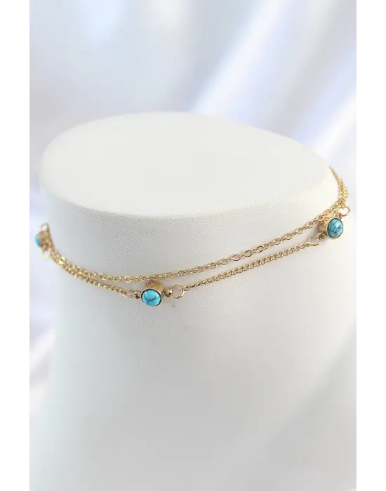 316L Çelik Gold Renk 2Li Zincir Mavi Taşlı Model Kadın Halhal