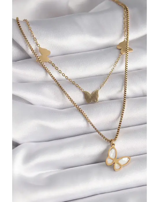  Altın  2Li Zincir Model Beyaz Sedefli Kelebek Figür  Çelik Kolye