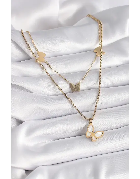  Altın  2Li Zincir Model Beyaz Sedefli Kelebek Figür  Çelik Kolye