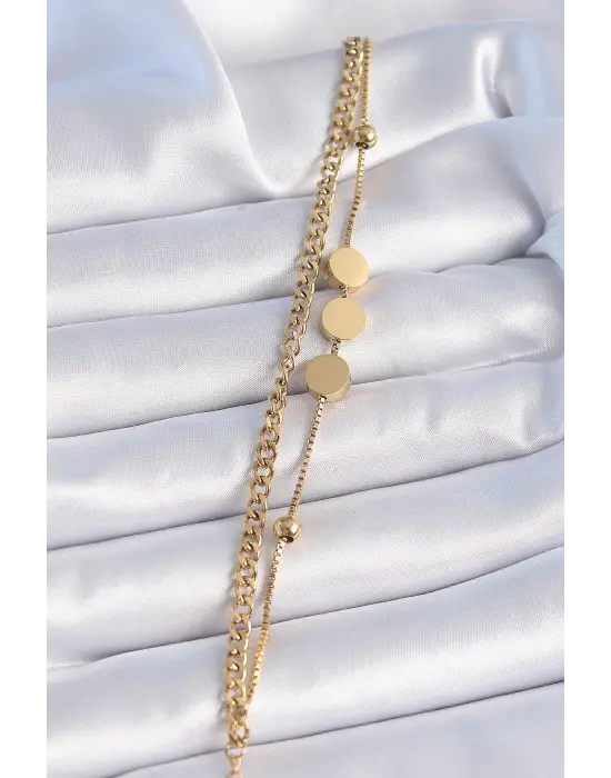 316L Çelik Gold Renk 2li Zincir Model Daire Plaka Figür Kadın Bileklik