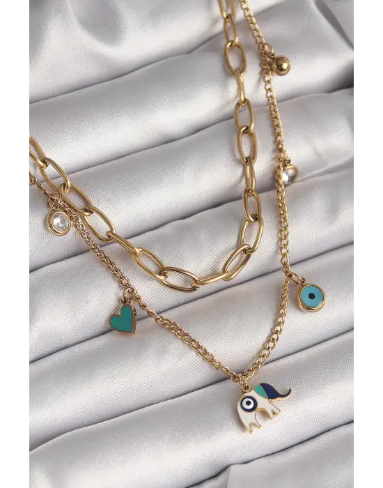  Altın  2Li Zincir Model Fil Figür Zirkon Taş Detay Nazar Boncuk Detay  Çelik Kolye