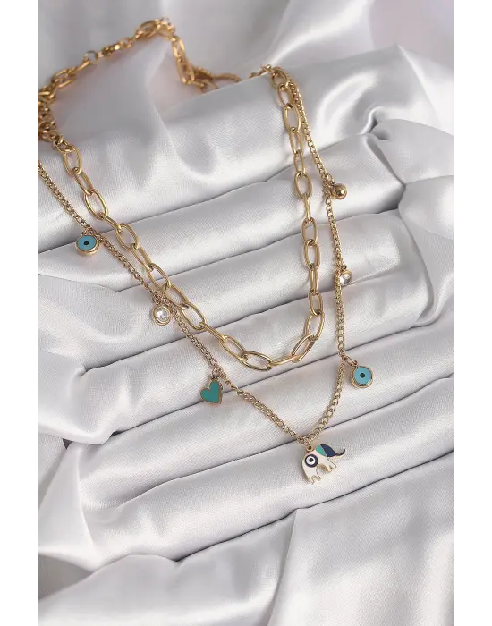  Altın  2Li Zincir Model Fil Figür Zirkon Taş Detay Nazar Boncuk Detay  Çelik Kolye