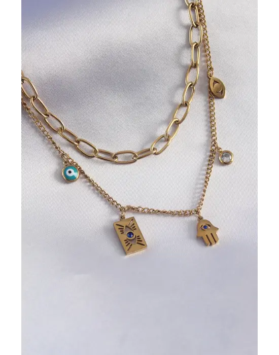  Altın  2li Zincir Model Göz İşleme  Çelik Kolye