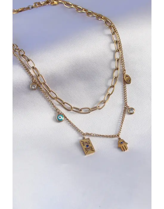  Altın  2li Zincir Model Göz İşleme  Çelik Kolye