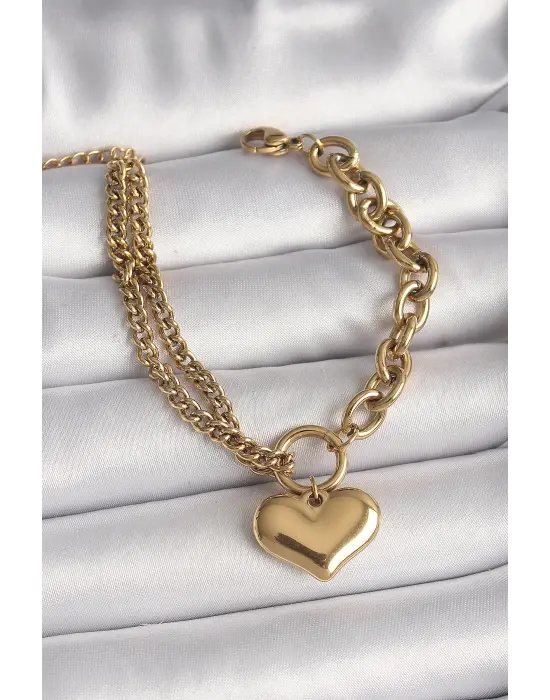 316L Çelik Gold Renk 2Li Zincir Model Kalp Figür Kadın Bileklik