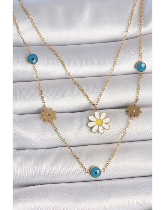 316L Çelik Gold Renk 2Li Zincir Model Papatya Figür Nazar Boncuk Detay Kadın Kolye