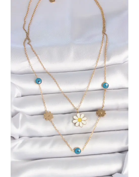 316L Çelik Gold Renk 2Li Zincir Model Papatya Figür Nazar Boncuk Detay Kadın Kolye