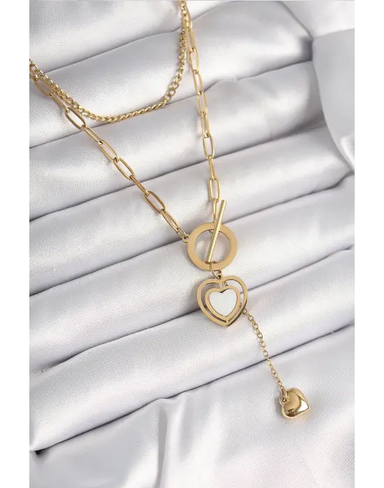 316L Çelik Gold Renk 2Li Zincir Model Sallantı Detay Kadın Kolye