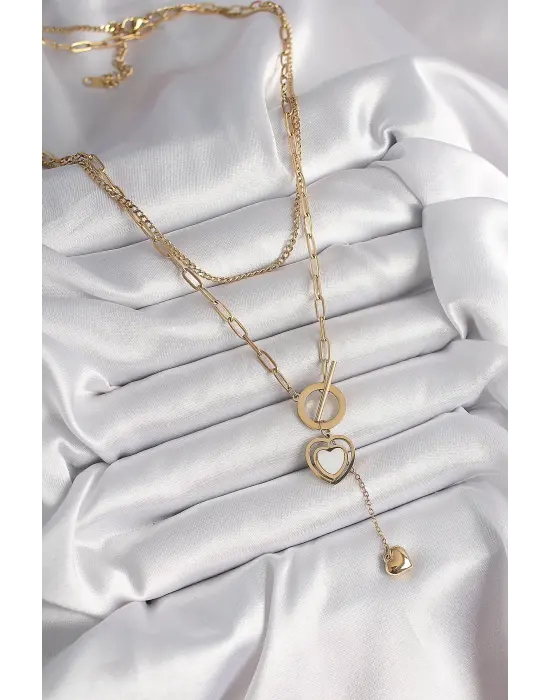 316L Çelik Gold Renk 2Li Zincir Model Sallantı Detay Kadın Kolye