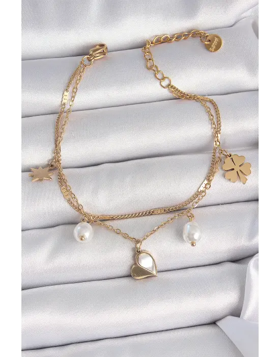 316L Çelik Gold Renk 2li Zincir Model Sallantı Kalp Figür Yonca Detay Kadın Bileklik