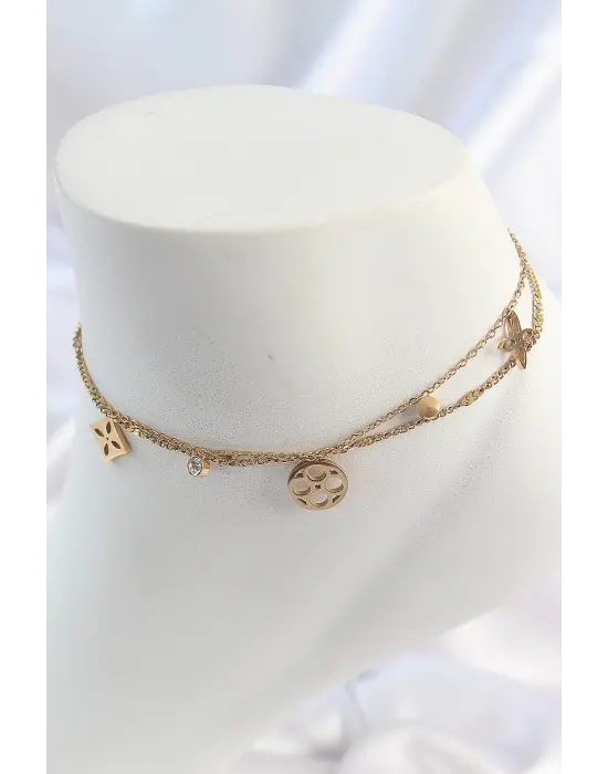 316L Çelik Gold Renk 2Li Zincir Rüya Kapnı Figür Zirkon Taş Detay Kadın Halhal