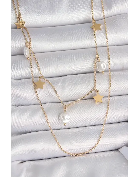 316L Çelik Gold Renk 2Li Zincir Sallantı Yıldız İnci Model Kadın Kolye
