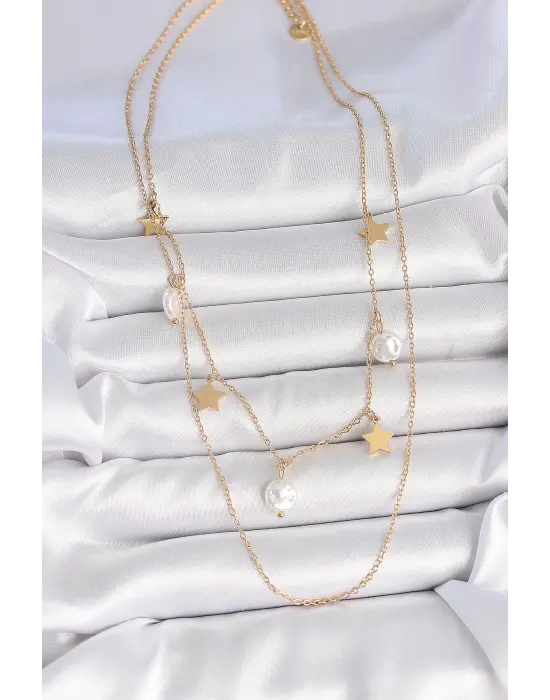 316L Çelik Gold Renk 2Li Zincir Sallantı Yıldız İnci Model Kadın Kolye