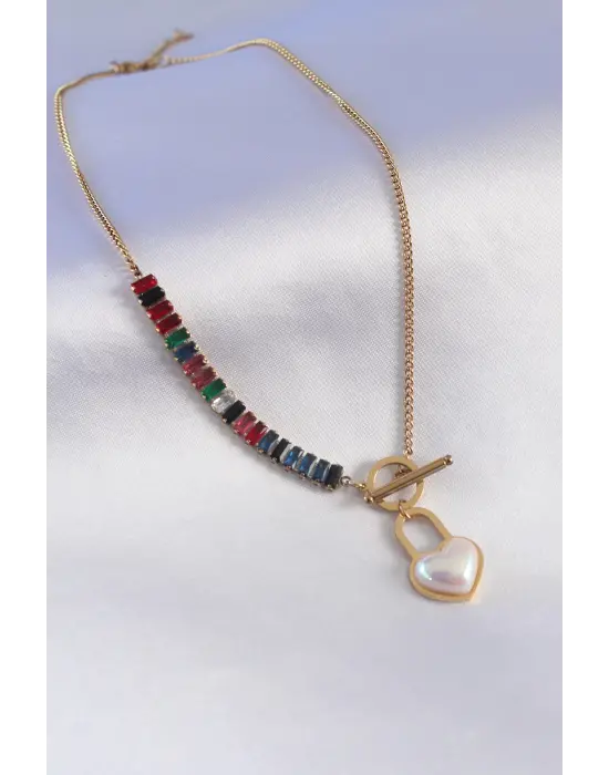 316L Çelik Gold Renk 2li Zirkon Taşlı Kilit Kalp Figür Kadın Kolye