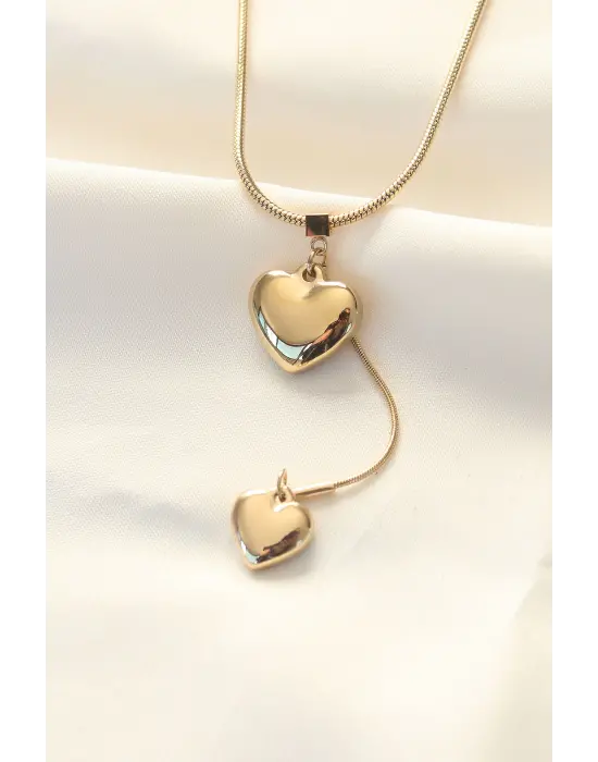  Altın  2li Bombeli Kalp Çelik Kolye