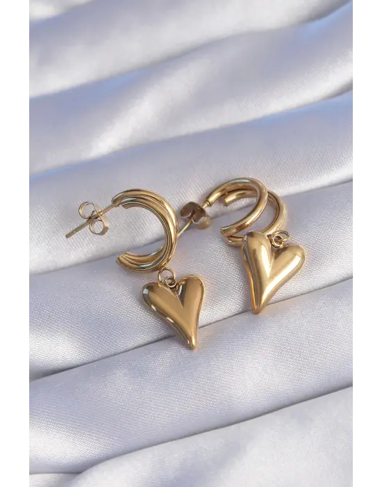   Altın 2li Yarım Halka Kalp Küpe