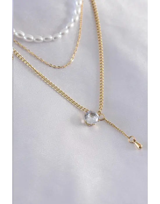  Altın  3lü İnicili Zirkon Taş Detay  Çelik Kolye