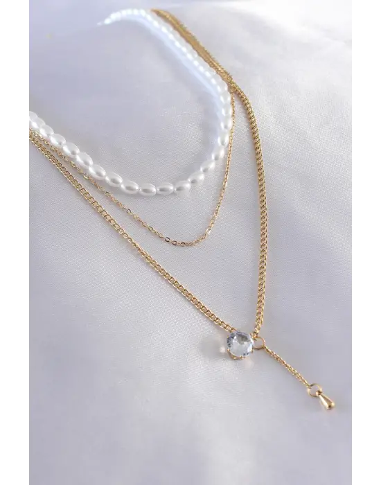  Altın  3lü İnicili Zirkon Taş Detay  Çelik Kolye