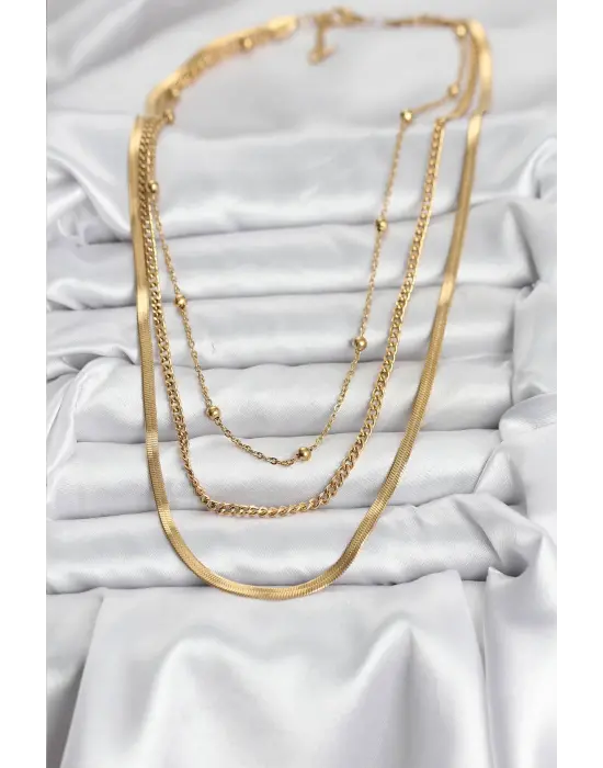 316L Çelik Gold Renk 3lü Kadın Kolye