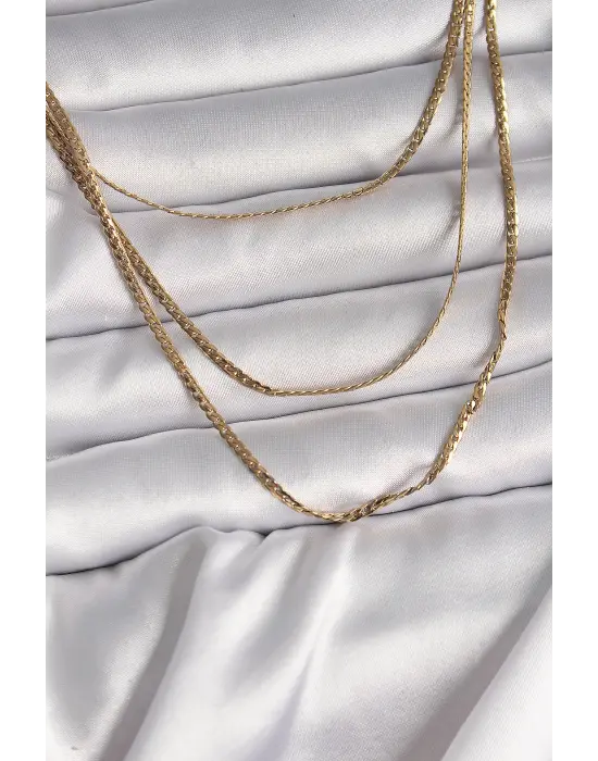  Altın  3Lü Yassı Zincir Model  Çelik Kolye