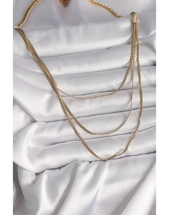  Altın  3Lü Yassı Zincir Model  Çelik Kolye