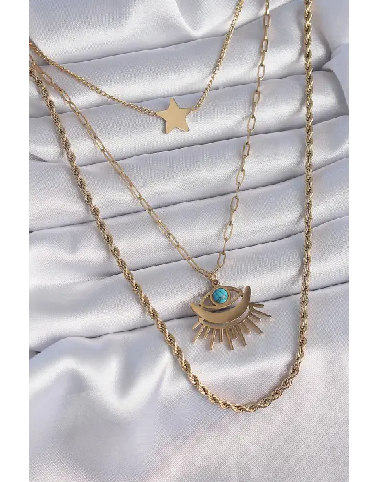  Altın  3lü Zincir Göz Model  Çelik Kolye