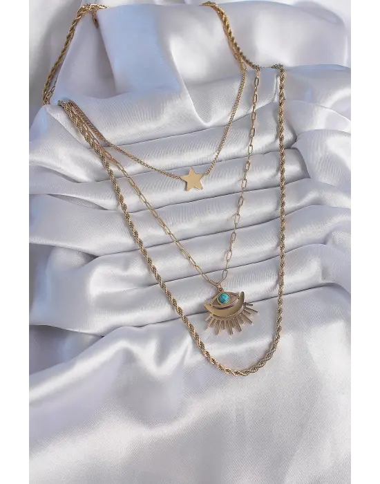  Altın  3lü Zincir Göz Model  Çelik Kolye