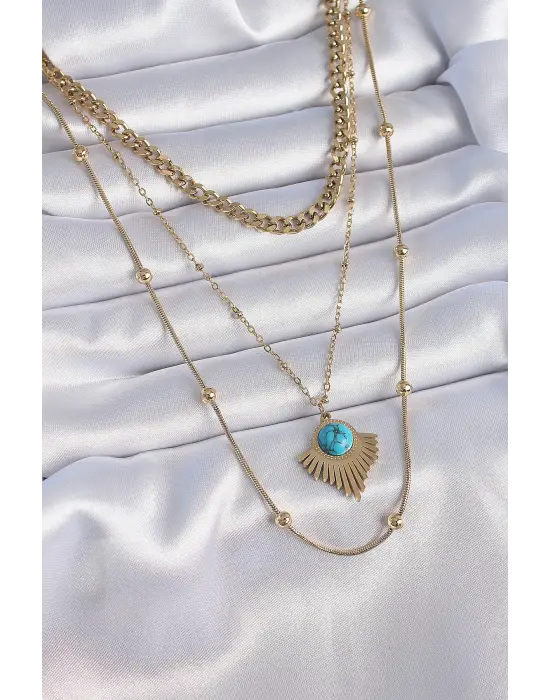  Altın  3lü Zincir Madalyon Model  Çelik Kolye