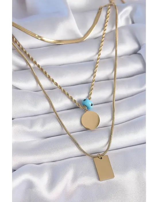  Altın  3lü Zincir Model Plaka Figür  Çelik Kolye