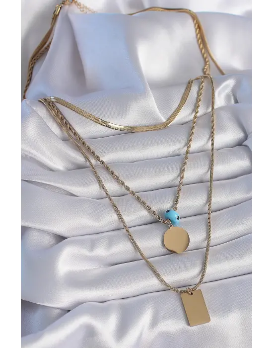  Altın  3lü Zincir Model Plaka Figür  Çelik Kolye