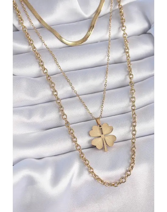  Altın  3lü Zincir Papatya Model  Çelik Kolye