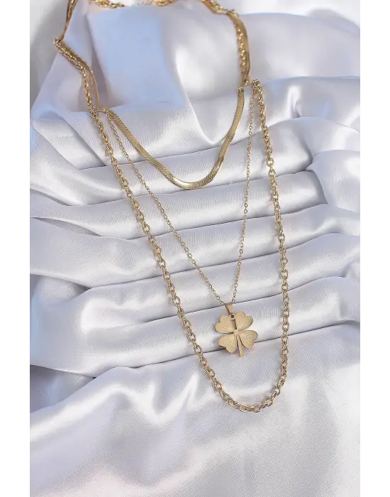  Altın  3lü Zincir Papatya Model  Çelik Kolye