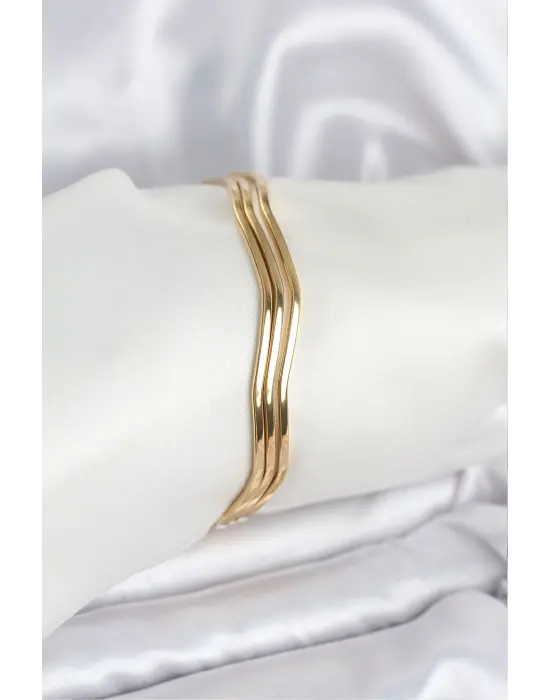 316L Çelik Gold Renk 65 mm Ajda Zikzak Model 3lü Kadın Bileklik