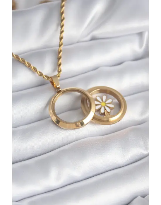  Altın  Açılabilir Fanus Model Papatya Parçalı  Çelik Kolye