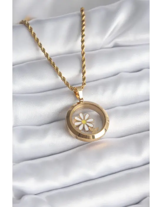  Altın  Açılabilir Fanus Model Papatya Parçalı  Çelik Kolye