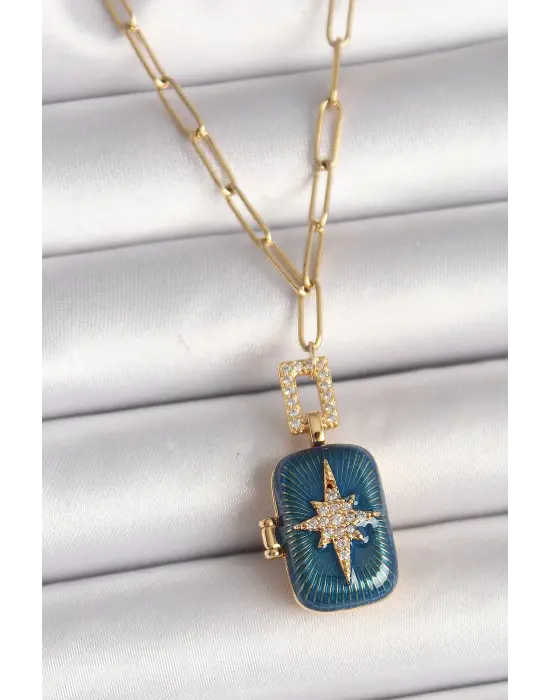  Altın  Açılır Mavi Sandık Model Zirkon Taşlı Kutup Yıldız İşleme Model  Çelik Kolye