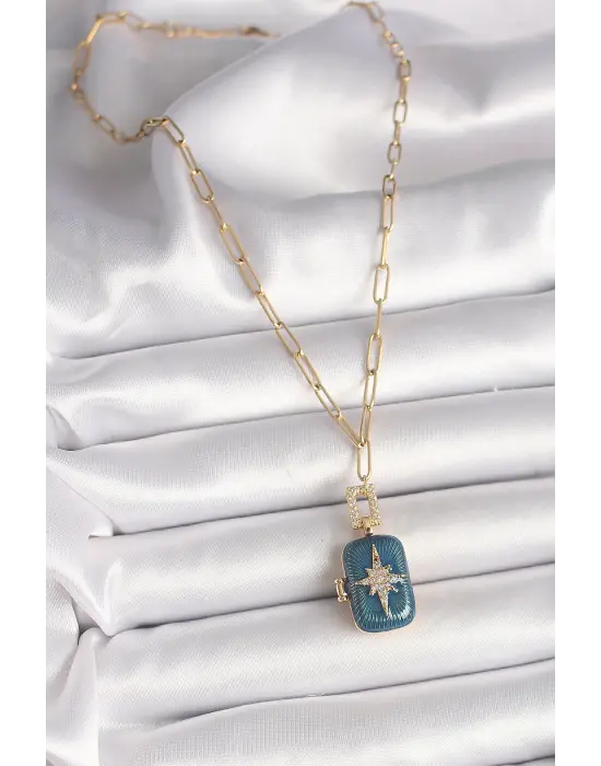  Altın  Açılır Mavi Sandık Model Zirkon Taşlı Kutup Yıldız İşleme Model  Çelik Kolye