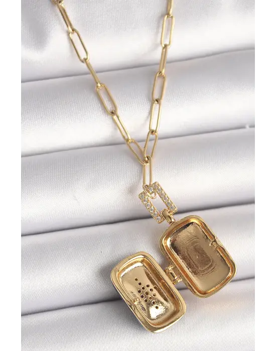  Altın  Açılır Mavi Sandık Model Zirkon Taşlı Kutup Yıldız İşleme Model  Çelik Kolye