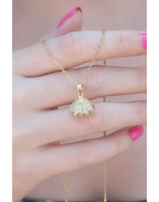  Altın  Açılır Midye Model  Çelik Kolye