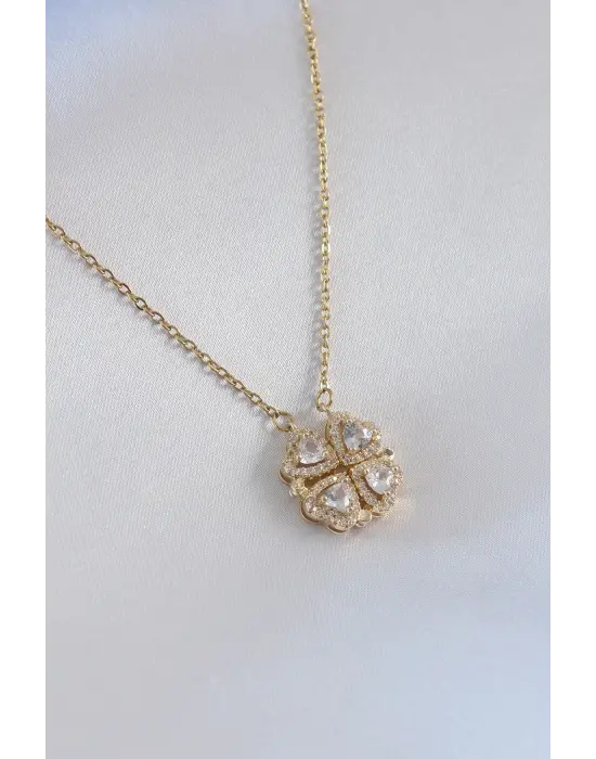  Altın  Açılır Yonca Model Zirkon Taşlı  Çelik Kolye