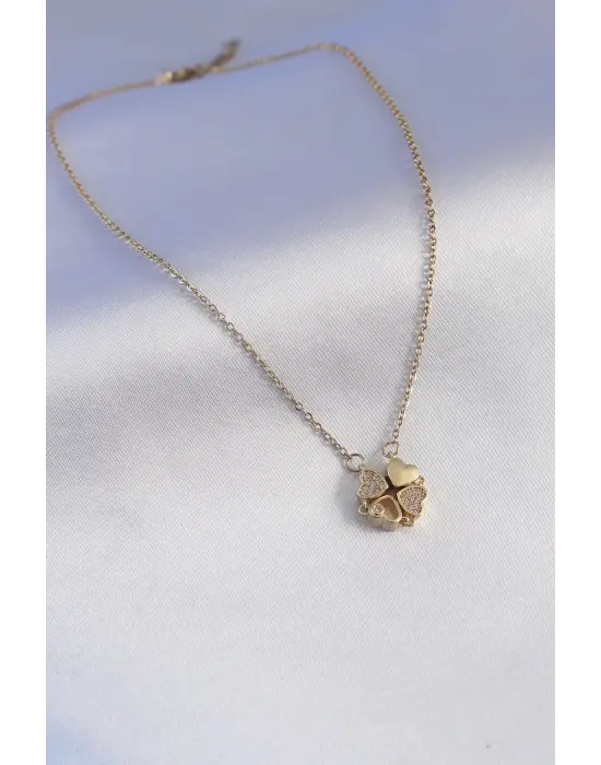 Altın Açılır Yonca Model Zirkon Taşlı Çelik Kolye